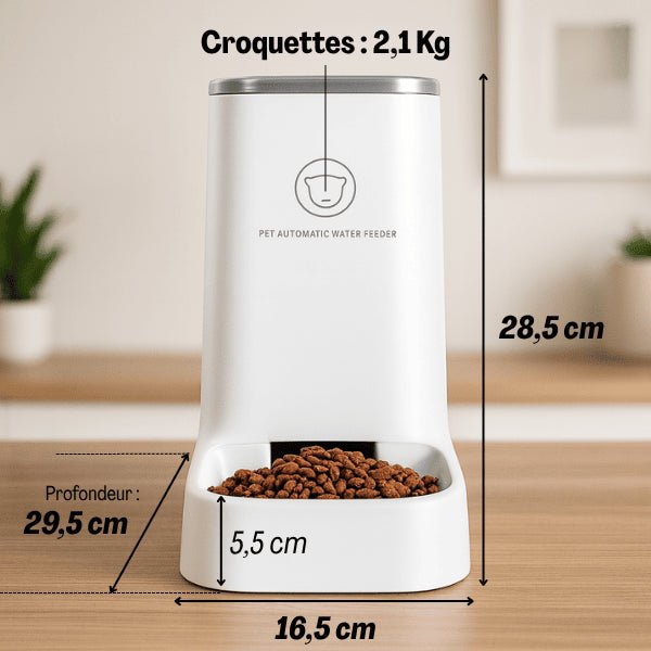Distributeur croquettes chat automatique gravitaire blanc 2,1 kg dimensions compactes DesignFeed™