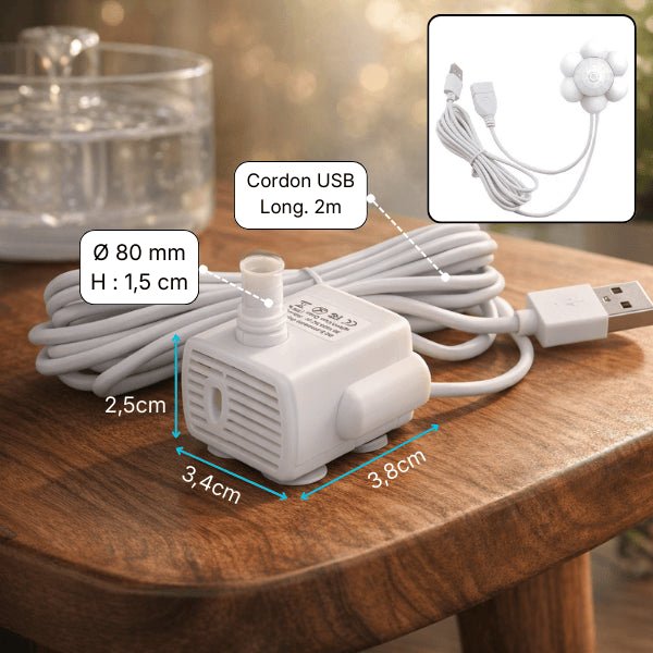 Dimensions de la pompe pour fontaine à eau chat avec câble USB capteur mouvement inclus
