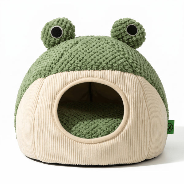 Abri chats grenouille semi-fermé avec grande ouverture et couchage intérieur douillet