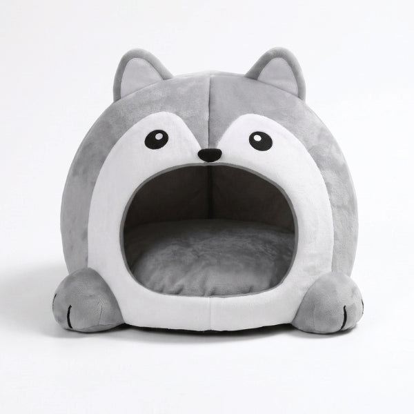 Abri pour chat loup gris en peluche douce avec coussin intérieur confortable amovible