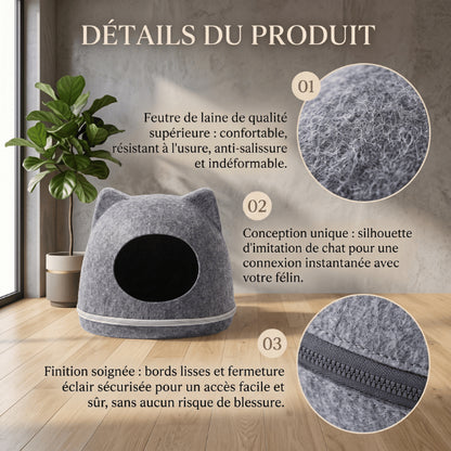 Abri pour chats en feutre naturel design tête de chat finition soignée de qualité anti blessures