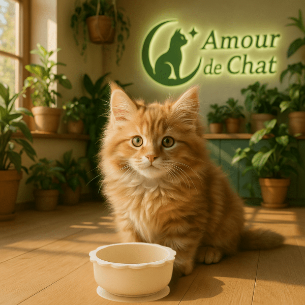 Bol chaton silicone beige ronde avec chaton maine coon roux dans cuisine - SikBowl™