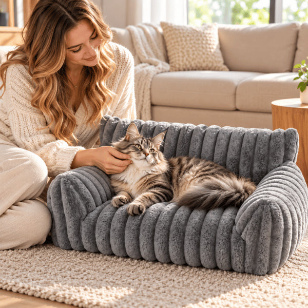 Canapé pour chat gris avec dossier moelleux et présence rassurante du maître