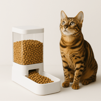 Chat bengal au côté du distributeur croquettes chat gravitaire blanc pur Essentiel Félin