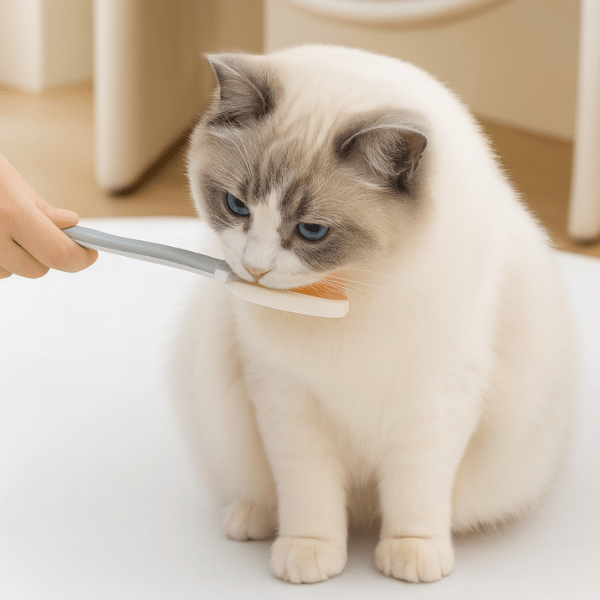 chat blanc mange dans distributeur nourriture chat MeowSpoon™ gris