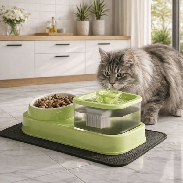 Chat s’hydratant naturellement grâce à la circulation d’eau de la fontaine et gamelle croquettes DuoFlow™