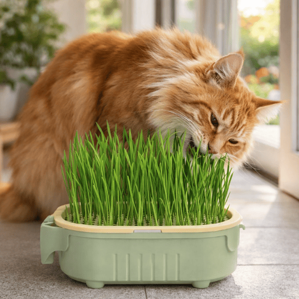 Chat dégustant de l'herbe fraîche cultivée dans le bac hydroponique d’herbe a chat - PurrGarden™