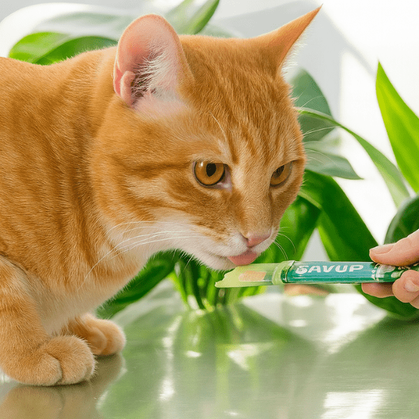 chat roux content avec distributeur nourriture chat MeowSpoon™ collation