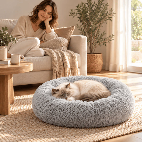 Couchage pour chat gris clair en peluche chaude favorisant un repos paisible
