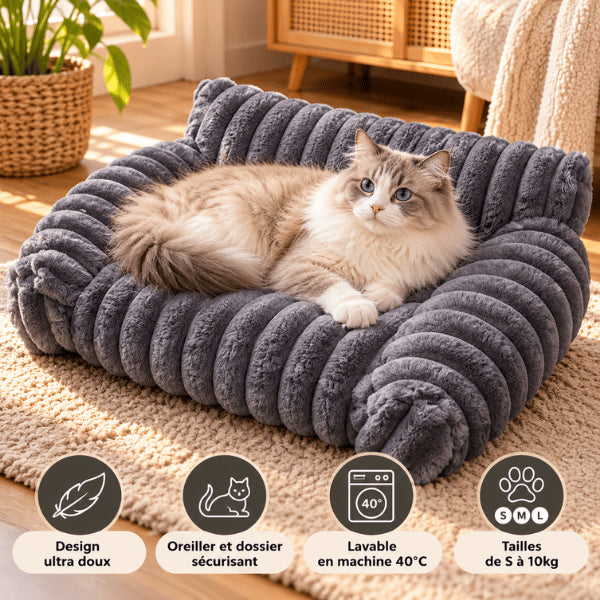 Couchage pour chat gris côtelé lavable moelleux et disponible en trois tailles