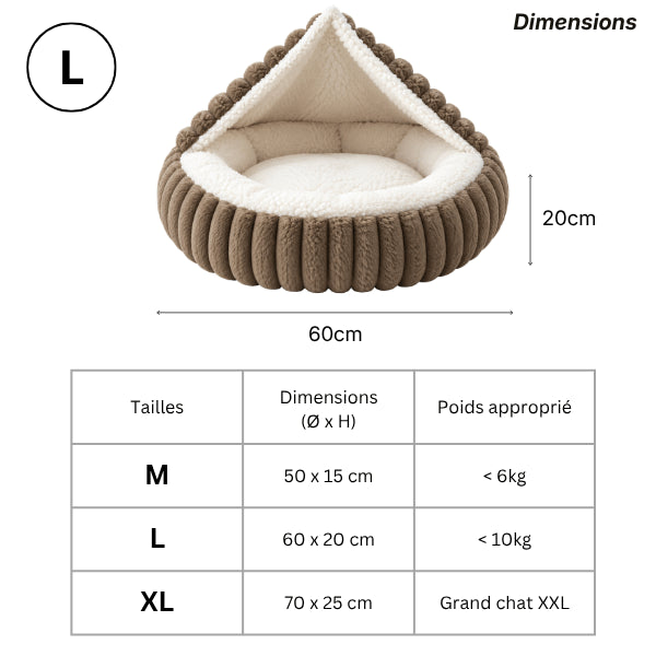 Couchage chaton à capuche avec dimensions M L XL pour grand chat