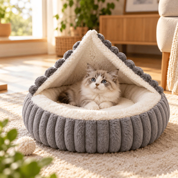 Couchage chaton gris en forme de grotte pour repos chaud sécurisant