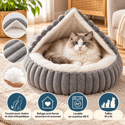 Couchage chaton gris lavable avec refuge semi fermé et base antidérapante