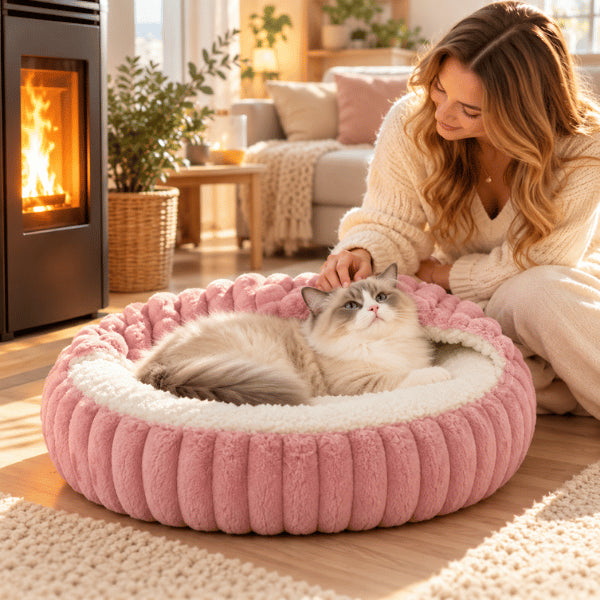 Couchage chaton rose chaud près du poêle avec rebords enveloppants rassurants