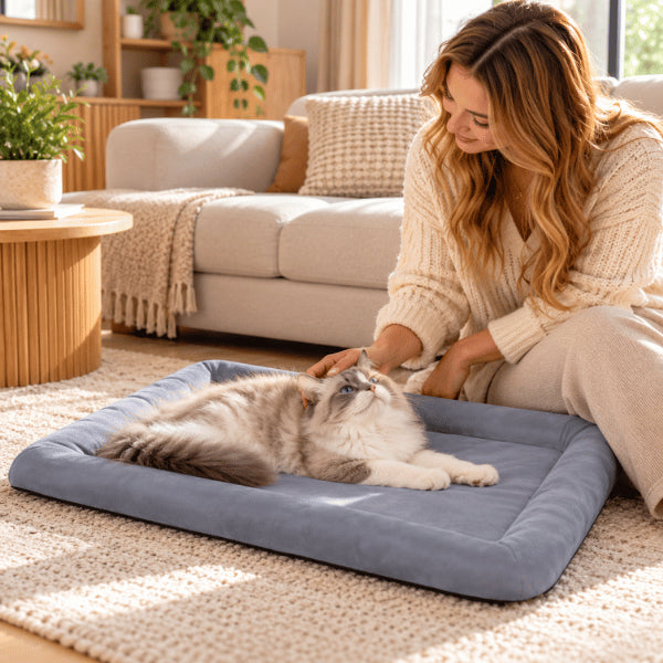 Couchage pour chat épais avec félin détendu et rebords de soutien