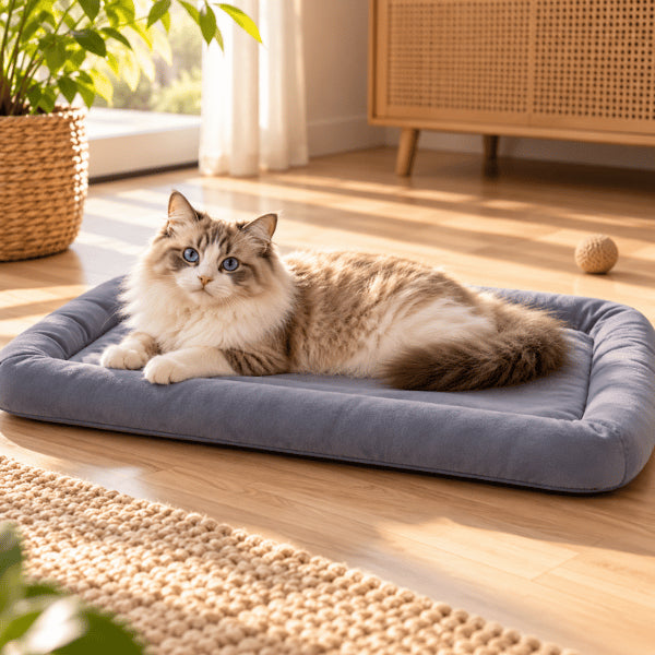 Couchage pour chat gris grande taille avec rebords rembourrés et surface confortable