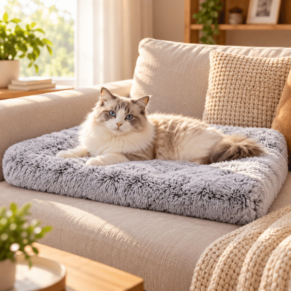 Lit de couchages pour chats gris installés sur canapé pour sieste douce et confortable