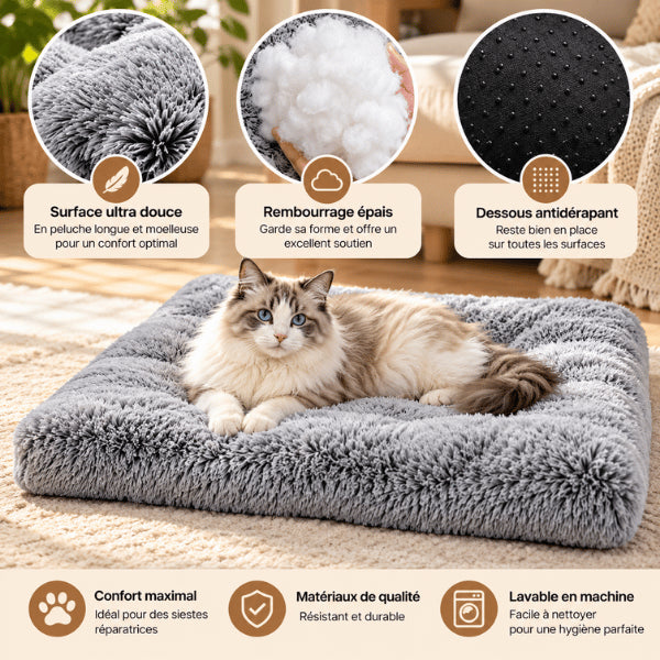 Matelas de couchages pour chats moelleux avec surface longue peluche rembourrage et base antidérapante