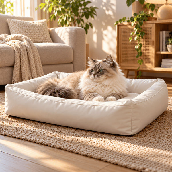 Couffin chat blanc avec rebord enveloppant soutenant confortablement tête et nuque