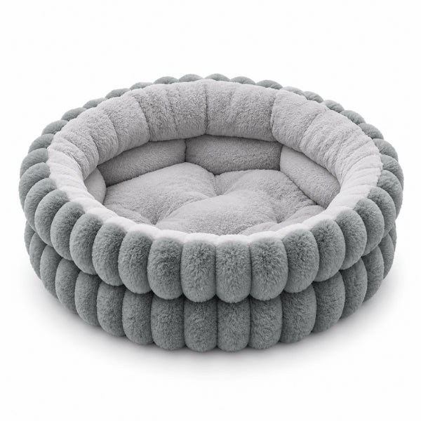 Couffin rond pour chat gris avec assise capitonnée et parois rembourrées profondes