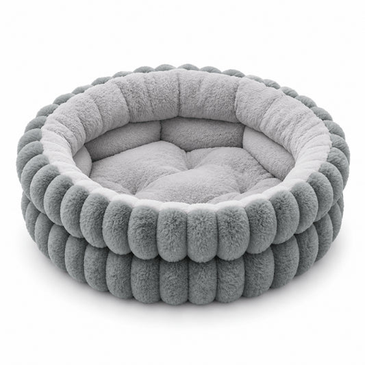 Couffin rond pour chat gris avec assise capitonnée et parois rembourrées profondes