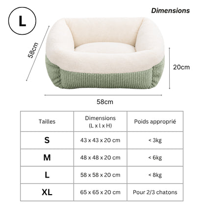 Couffin chaton vert disponible en quatre tailles adaptées à différentes morphologies