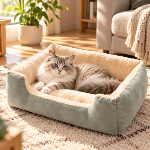 Couffin rectangulaire pour chat vert crème avec intérieur chaud et moelleux