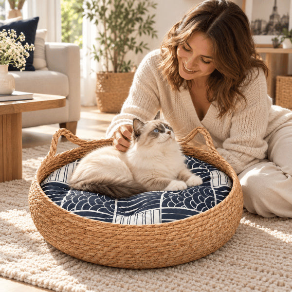 Couffin en osier pour chat avec coussin bleu auprès de sa propriétaire