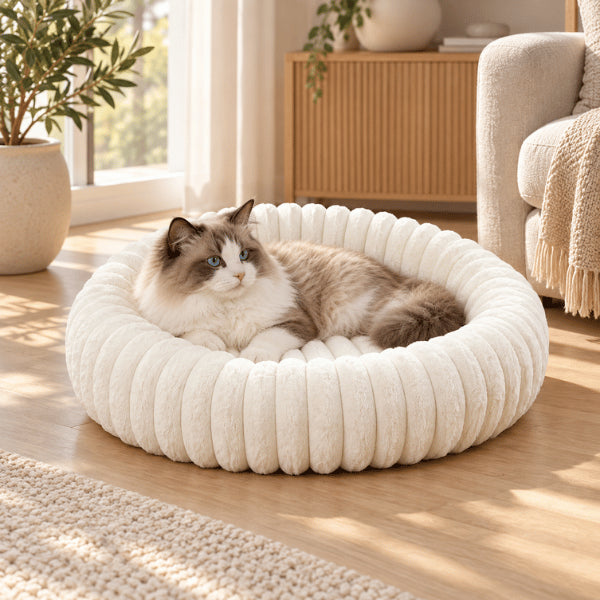 Coussin chat beige en peluche chaude adapté aux grands chats confortablement installés