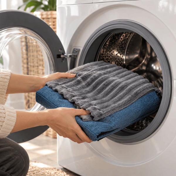 Coussin lavable pour chat avec housse amovible placé dans une machine