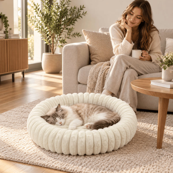 Coussin chat rond beige enveloppant pour sommeil profond dans un nid moelleux