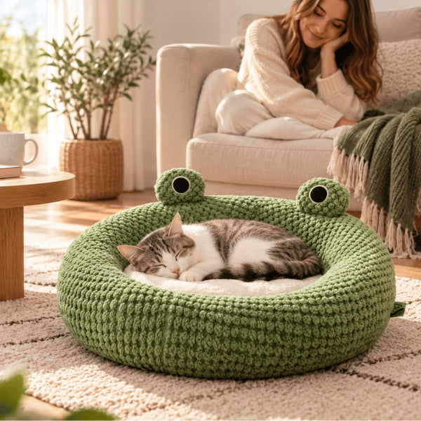 Coussin chaton grenouille vert enveloppant pour sommeil confortable dans le salon
