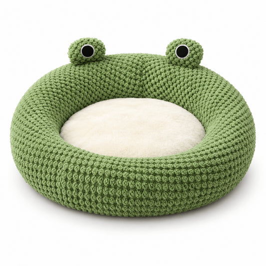 Coussin pour chaton rond vert avec yeux de grenouille et intérieur moelleux