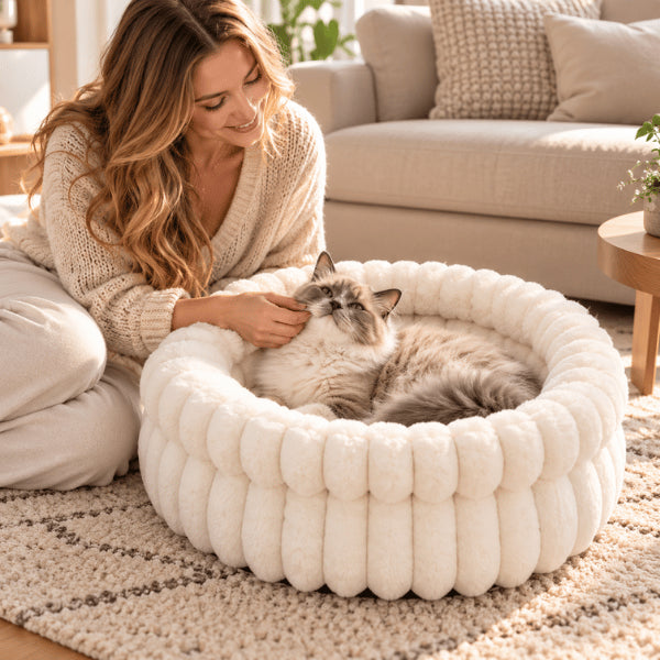 Coussin enveloppant pour chat blanc avec rebords épais et peluche douce rassurante