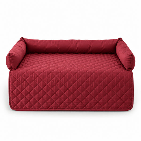Coussin lit chat rouge avec surface matelassée et trois rebords enveloppants