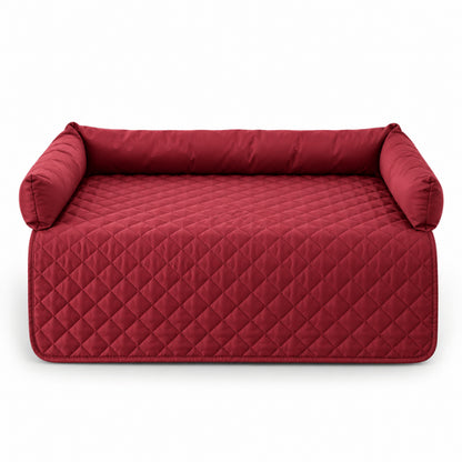 Coussin lit chat rouge avec surface matelassée et trois rebords enveloppants