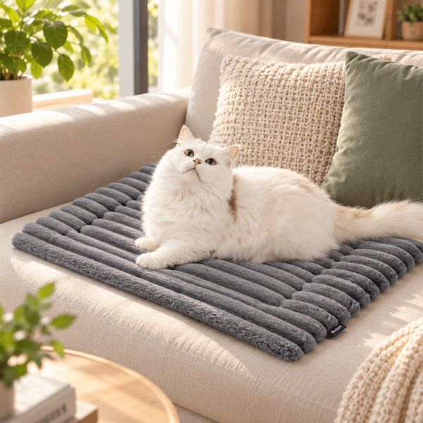 Coussin plat pour chat gris protégeant canapé des poils et du froid