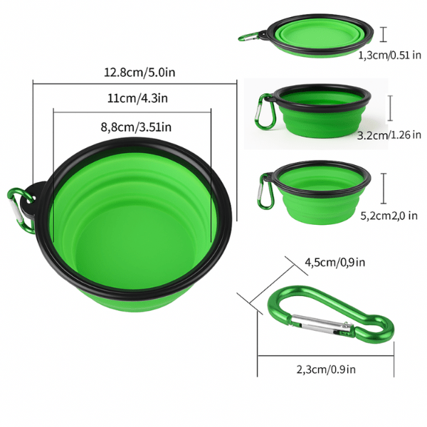 Dimensions 3en1 gamelle chat silicone pliable verte avec mousqueton transport déplacement