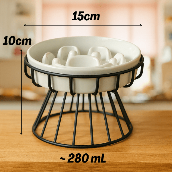 Dimensions gamelle anti glouton chat céramique surélevée support fer noir Ø 15 cm hauteur 10 cm 280 mL