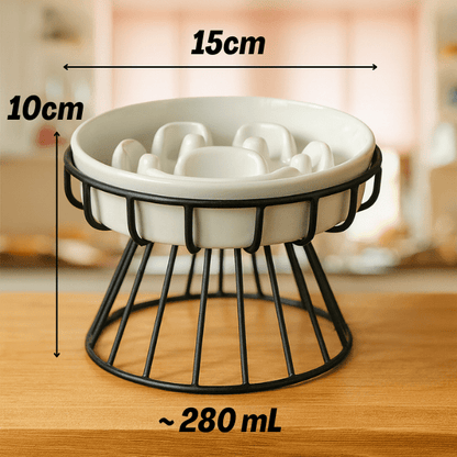 Dimensions gamelle anti glouton chat céramique surélevée support fer noir Ø 15 cm hauteur 10 cm 280 mL