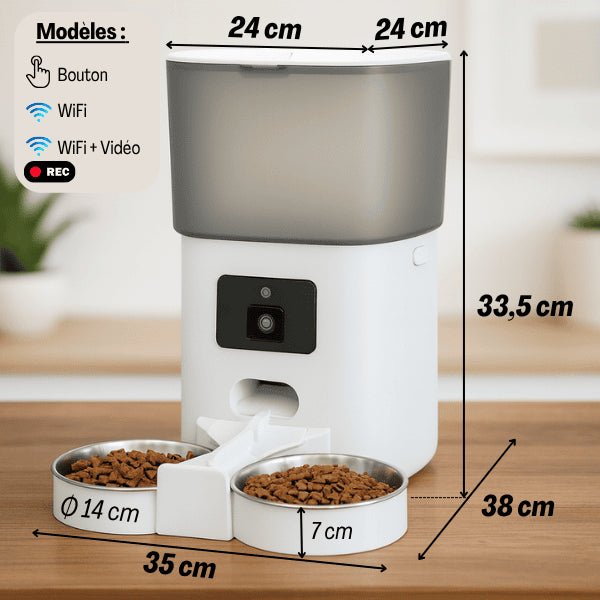 Distributeur automatique de croquettes chat wifi connecté blanc vidéo bouton dimensions TwinBowl Feeder™