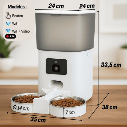 Distributeur automatique de croquettes chat wifi connecté blanc vidéo bouton dimensions TwinBowl Feeder™