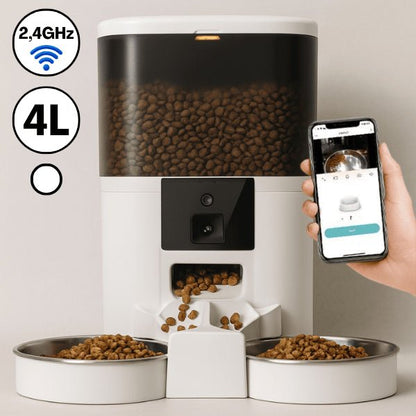 Distributeur croquette chat automatique connecté blanc 4 L 2 bols 2,4 GHz