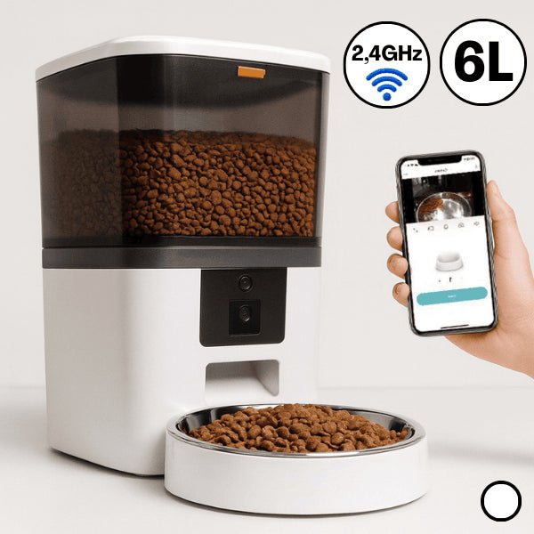 Distributeur croquette chat automatique connecté blanc 6 L 1 bol 2,4 GHz