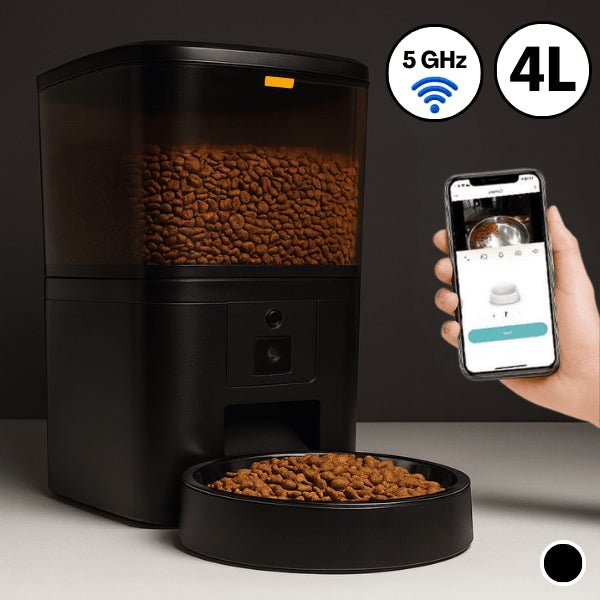Distributeur croquette chat automatique connecté noir 4 L 1 bol 5 GHz