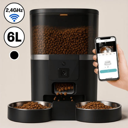 Distributeur croquette chat automatique connecté noir 6 L 2 bols 2,4 GHz