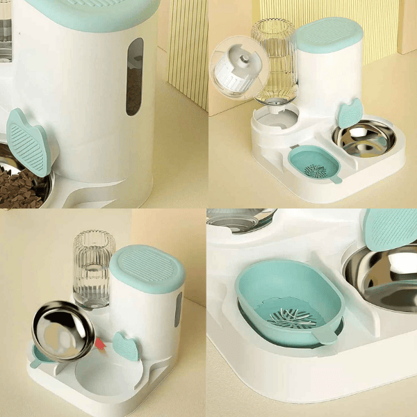 Distributeur croquettes chat par gravité pratique niveau réservoir 2en1 bol inox filtre siphon LuxeBowl™