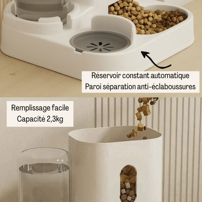 Distributeur croquettes et eau pour chat  alimentation 2en1 anti éclaboussures - AutoCroq™