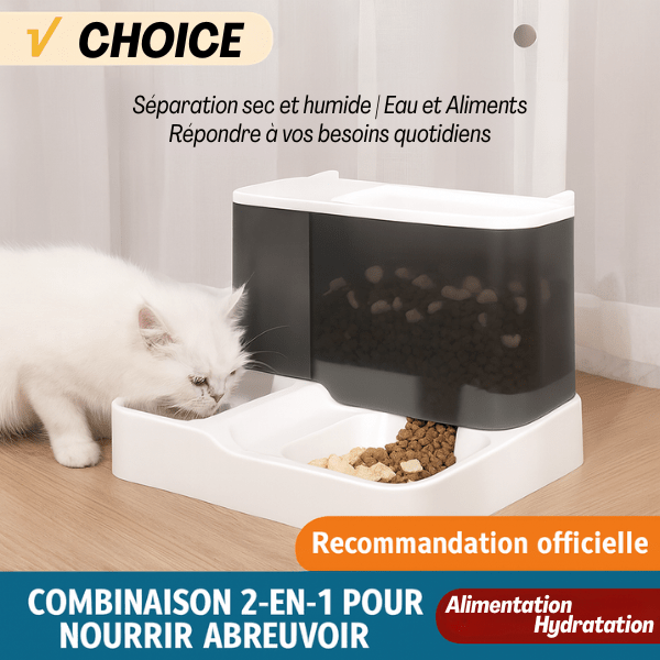 Distributeur croquettes pour chat double bol 2en1 aliment secs eau | PurrCroq™