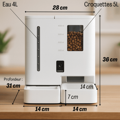 Distributeur de croquettes chat 5 L et eau 4 L wifi caméra dimensions FullFeeder™